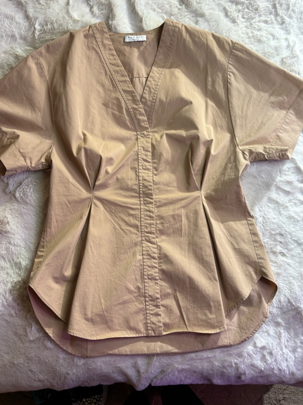 Sandro Beige V-Neck Short Sleeve Cotton Blouse, Size S - Picture 5 of 9